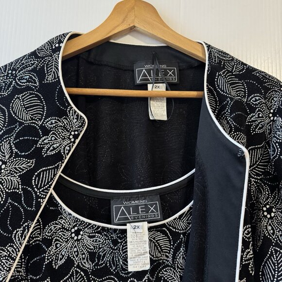 VTG Alex Evenings 2 Piece Set 2X Black White Lignt Blue Floral Sparkle JacketTop - Picture 5 of 16